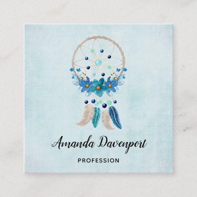 Blue Dreamcatcher Stylish Boho Design Square Business Card (Front)