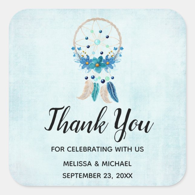 Blue Dreamcatcher Stylish Boho Design Thank You Square Sticker (Front)