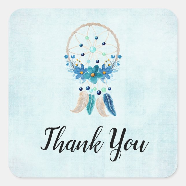 Blue Dreamcatcher Stylish Boho Design Thank You Square Sticker (Front)