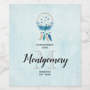 Blue Dreamcatcher Stylish Boho Design Wine Making Label