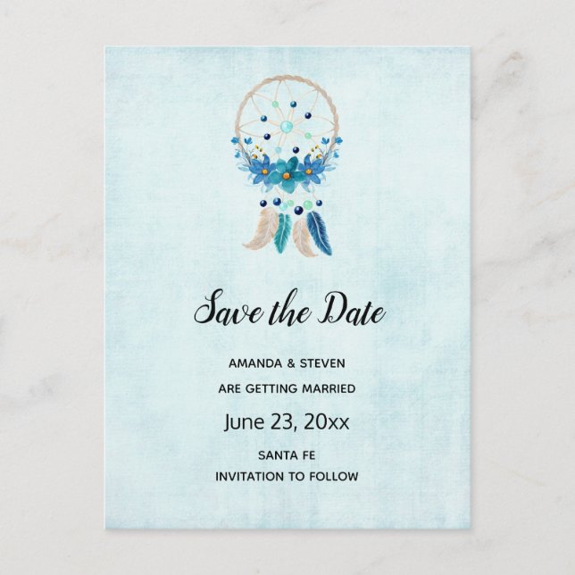 Blue Dreamcatcher Stylish Boho Save the Date Invitation Postcard (Front)