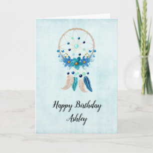 Blue Dreamcatcher with Flowers & Feathers Birthday Card