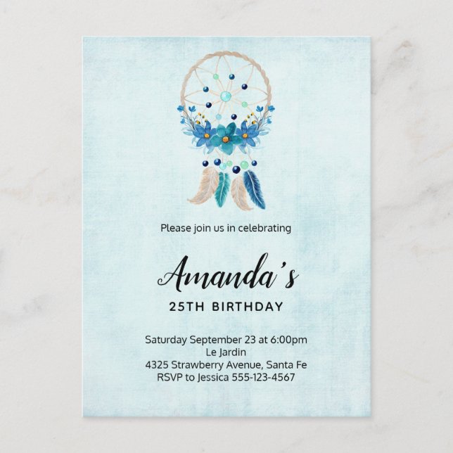 Blue Dreamcatcher with Flowers & Feathers Birthday Invitation Postcard (Front)