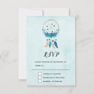 Blue Dreamcatcher with Flowers & Feathers RSVP Card