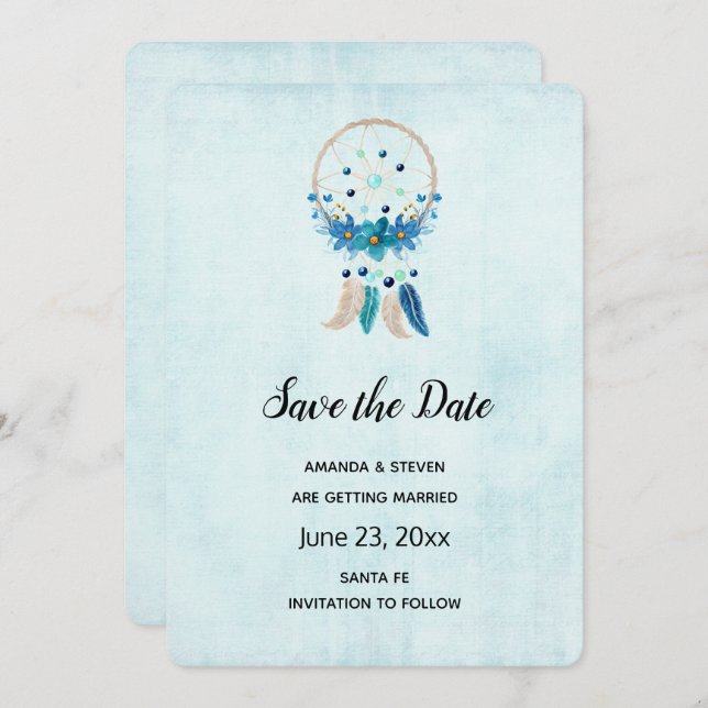 Blue Dreamcatcher with Flowers & Feathers Save The Date (Front/Back)