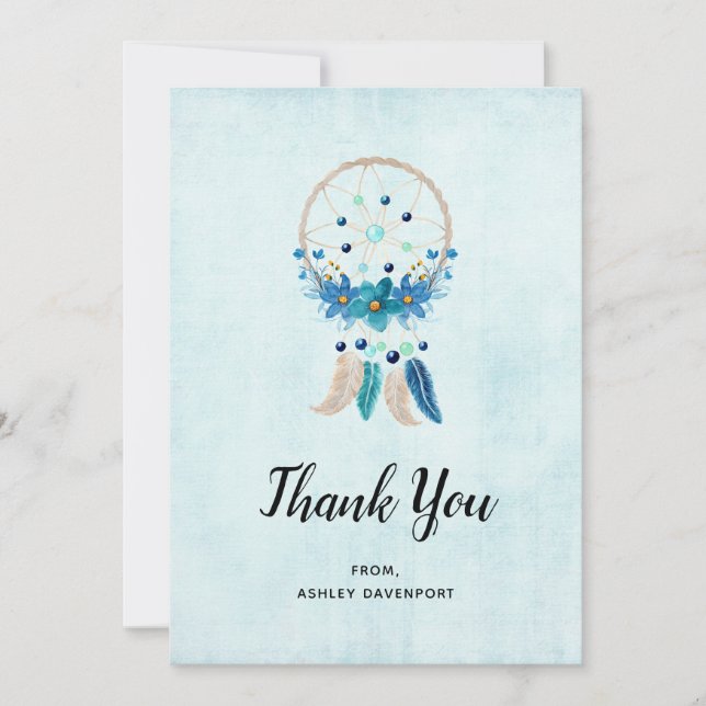 Blue Dreamcatcher with Flowers & Feathers Thank You Card (Front)