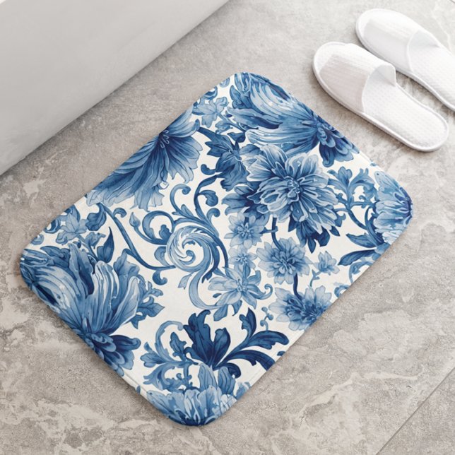 Blue Dreams | Floral Watercolor Chinoiserie Bath Mat (Creator Uploaded)