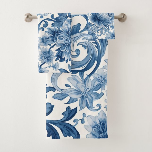 Blue Dreams | Floral Watercolor Chinoiserie Bath Towel Set (Insitu)
