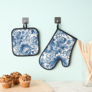 Blue Dreams Floral Watercolor Chinoiserie Oven Mitt & Pot Holder Set
