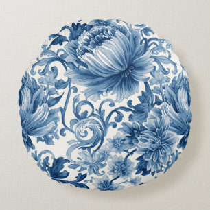 Blue Dreams   Floral Watercolor Chinoiserie Round Cushion