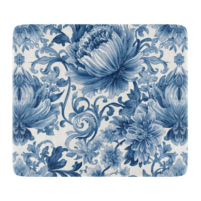 Blue Dreams | Floral Watercolor Chinoiserie White Cutting Board (Front)