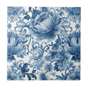 Blue Dreams Floral Watercolor Chinoiserie White Tile