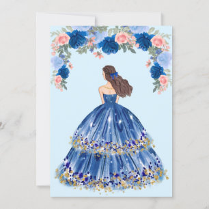 Blue Dress And Floral Quinceanera Invitation