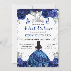 Blue Dress Black Hair Princess Sweet 16 Invitation