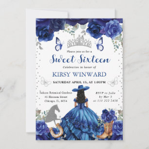Blue Dress Black Hair Salon Princess Sweet 16 Invitation