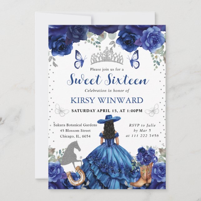 Blue Dress Black Hair Salon Princess Sweet 16 Invitation (Front)