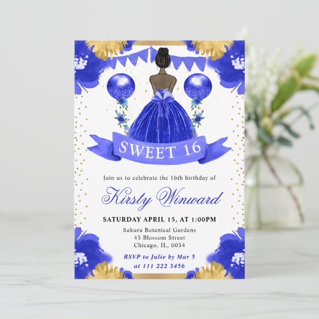 Blue Dress Dark Skin Princess Sweet 16 Invitation (Standing Front)
