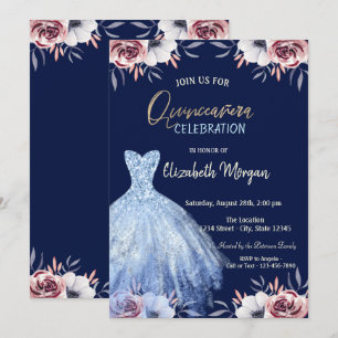 Blue Dress Floral Navy Blue Quinceañera  Invitation