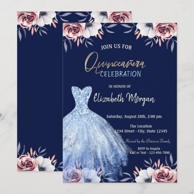 Blue Dress Floral Navy Blue Quinceañera  Invitation (Front/Back)