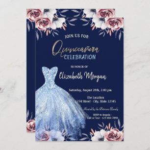 Blue Dress Floral Navy Blue Quinceañera  Invitation