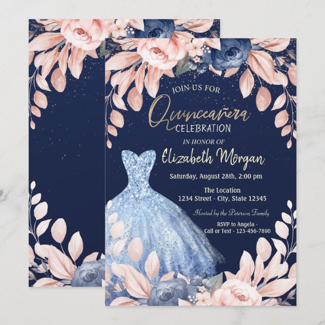 Blue Dress Floral Quinceañera   Invitation (Front/Back)