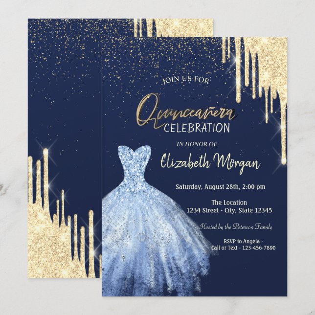 Blue Dress Gold Glitter Drip Quinceañera  Invitation (Front/Back)