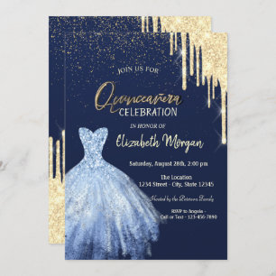 Blue Dress Gold Glitter Drip Quinceañera  Invitation
