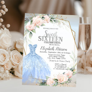 Blue Dress,Pink Roses Frame Silver Sweet 16 Invitation