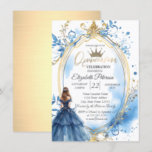 Blue Dress Princess Frame Gold Invitation