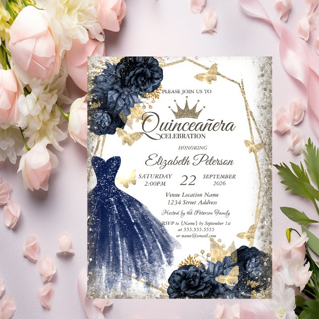 Blue Dress,Roses,Gold Butterflies Quinceañera Invitation (Creator Uploaded)