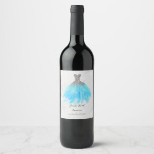 Blue dress silver glitter sweet sixteen wine label