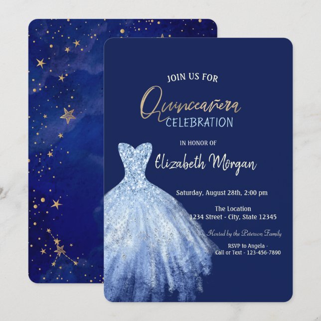 Blue Dress Stars Galaxy Navy Blue Quinceañera  Invitation (Front/Back)
