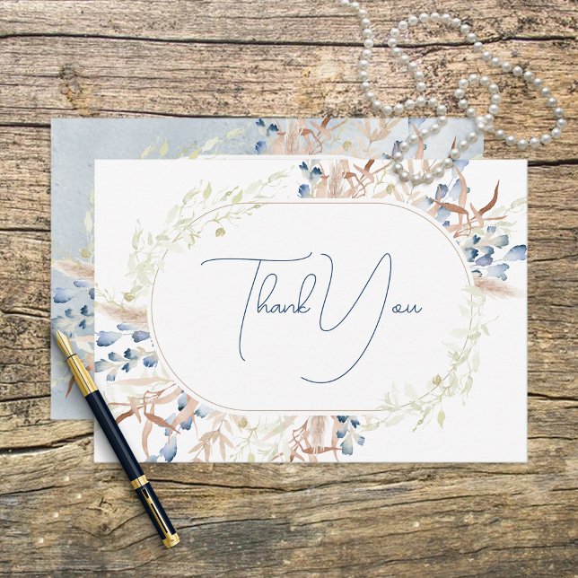 Blue Dried Boho Flowers White Thank You Card (Creator Uploaded)