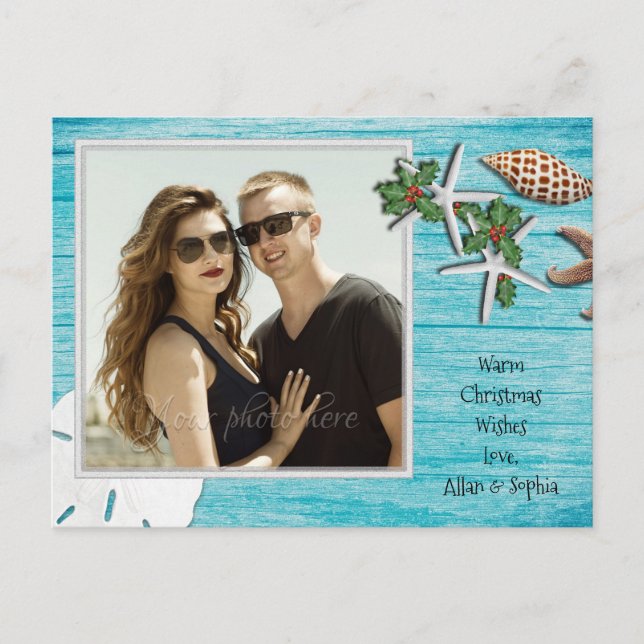 Blue Driftwood Tropical Christmas Photo Holiday Postcard (Front)