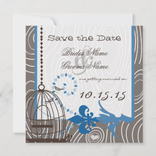 Blue Driftwood Wood Grain Bird Cage Save the Date Invitation