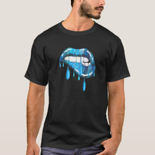 Blue Dripping Biting Lips Lipstick Effect 80s T-Shirt