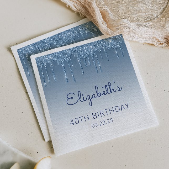 Blue Dripping Glitter Glam 40th Birthday Party Napkin (Creator Uploaded)