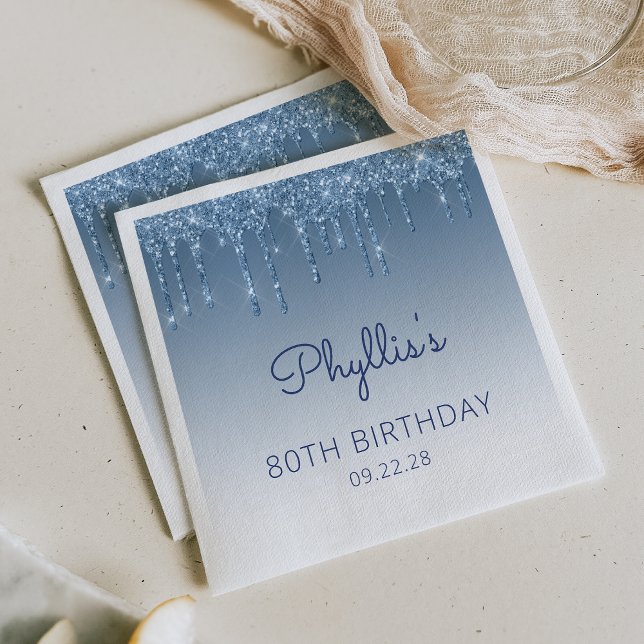 Blue Dripping Glitter Glam 80th Birthday Party Napkin (Creator Uploaded)