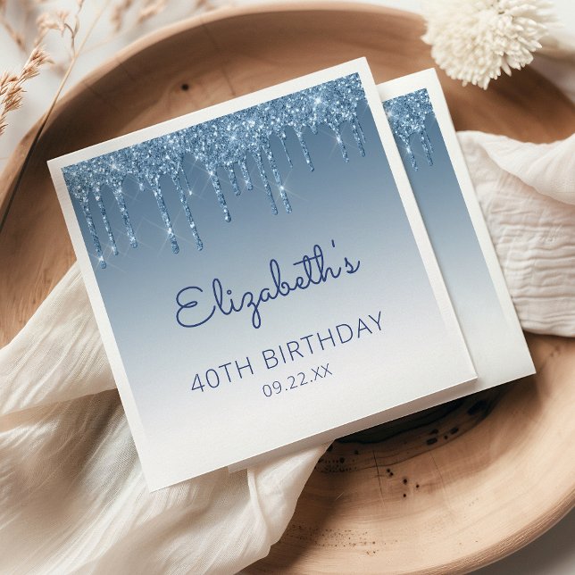 Blue Dripping Glitter Glam Birthday Party Napkin (Creator Uploaded)