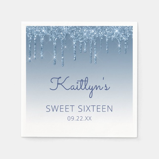Blue Dripping Glitter Glam Sweet 16 Party Napkin (Front)