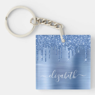 Blue Dripping Glitter Personalised Key Ring