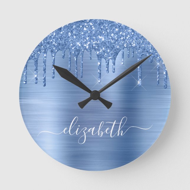 Blue Dripping Glitter Personalised Round Clock (Front)