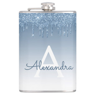 Blue Dripping Glitter Sparkle Monogram Hip Flask
