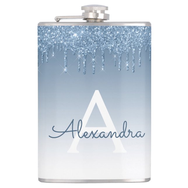 Blue Dripping Glitter Sparkle Monogram Hip Flask (Front)