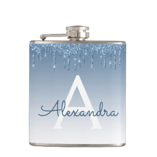 Blue Dripping Glitter Sparkle Monogram Hip Flask