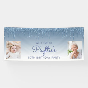 Blue Dripping Glitter Two Photo 80th Birthday Banner