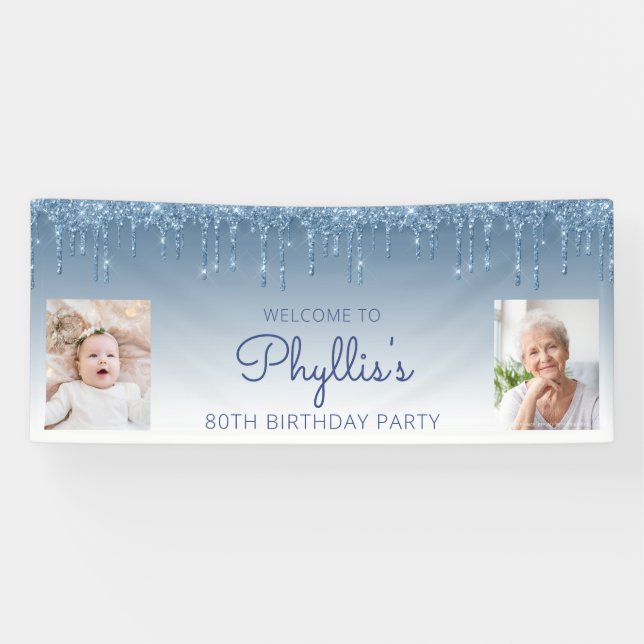 Blue Dripping Glitter Two Photo 80th Birthday Banner (Horizontal)