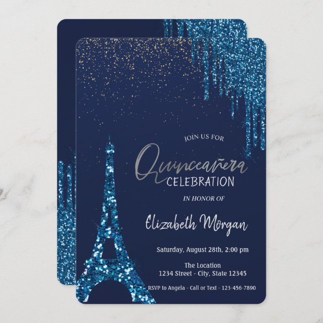 Blue Drips Confetti,Eiffel Tower Quinceañera Invitation (Front/Back)