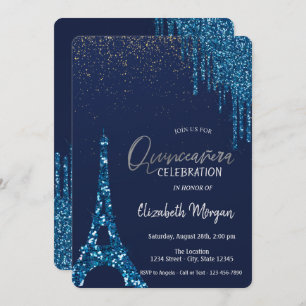 Blue Drips Confetti,Eiffel Tower Quinceañera Invitation