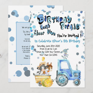 Blue Drive By Birthday Farm Animals Invitation
